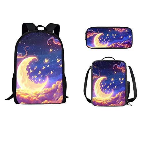 STUOARTE Boho-Blumendruck-Büchertasche mit Lunch-Tasche, Federmäppchen, strapazierfähiges Rucksack-Set für Jungen und Mädchen, 3er-Pack, große Kapazität, Tagesrucksack, Reiserucksack für Teenager, Mittelschule von STUOARTE