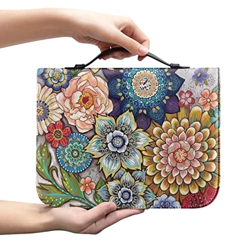 STUOARTE Boho-Mandala-Blumen-Bibelhülle für Frauen und Mädchen, Leder-Bibeletui, multifunktional, Schreibwaren-Organizer, Bibeltasche mit Stiftfächern, Bibelstudiumbedarf für Schule, Büro, Reisen von STUOARTE