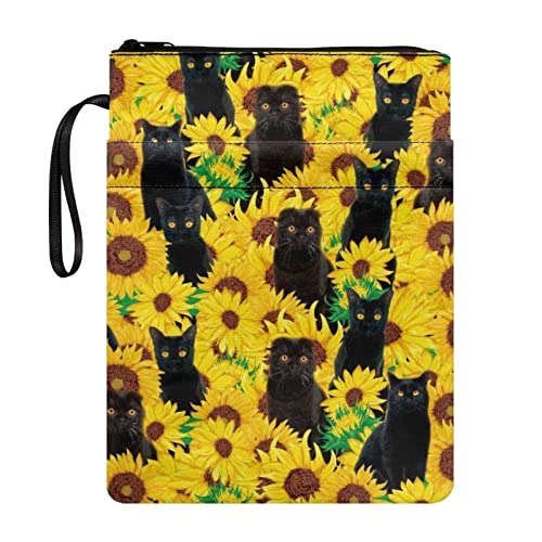 STUOARTE Buchhülle mit Sonnenblumen-Katzen-Druck, mit Reißverschluss und Fronttasche, Mädchen und Frauen, Buchumschlag für Taschenbuch, 29,5 x 22,6 cm, Buchhülle für Buchliebhaber von STUOARTE