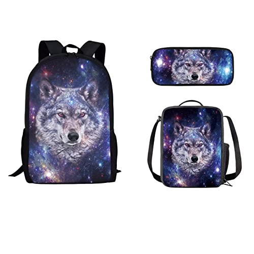 STUOARTE Galaxy Wolf Print Schultasche Kinder Rucksack für Jungen Jungen Elementary Kindergarten Schule Prechool Büchertasche Leichter Rucksack mit Lunchbox und Federmäppchen von STUOARTE