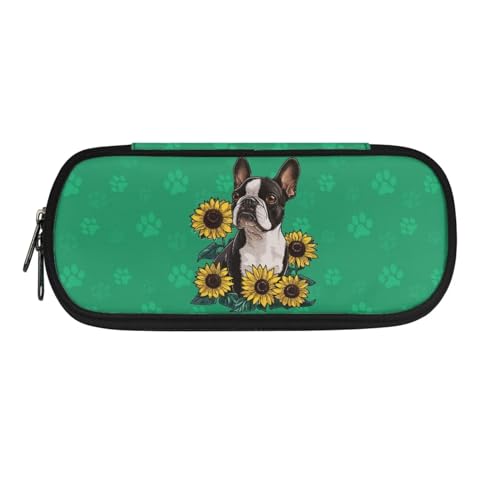 STUOARTE Großes Federmäppchen, tragbare Stifttasche, Organizer-Tasche, Schulbedarf für Schule, Büro, Teenager, Mädchen, Jungen, Boston Terrier Paw Sonnenblume – Grün und Weiß, Einheitsgröße, Boston von STUOARTE