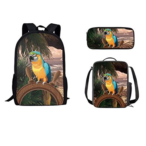 STUOARTE Hawaii Palme Papagei Cooler Rucksack Kinder Junge Leichter Rucksack Durable Schultasche Reise Daypack 3-teiliges Rucksack-Set mit Lunchtasche und Federmäppchen 3 in 1 von STUOARTE