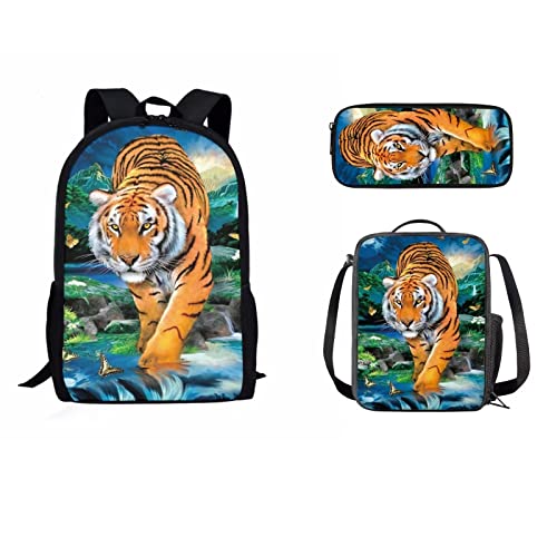 STUOARTE Kinder 3D Tiger Print Rucksäcke für Jungen & Mädchen, Teenager Jungen Kinder Schule Büchertasche Vorschule Grundschule Schultasche mit Lunchtasche und Federmäppchen 3 in 1 von STUOARTE