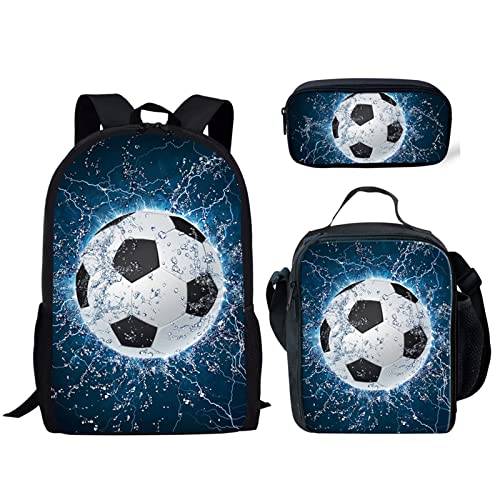 STUOARTE Kinder Jungen Schulrucksack-Set Wasserfußball Druck Rucksack Leichte Kinder Schule Büchertasche mit Lunchtasche und Federmäppchen 3 in 1, Blau von STUOARTE