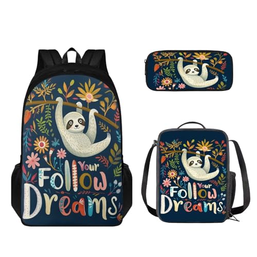 STUOARTE Kinder-Rucksack-Set, 3-teilig, Büchertaschen-Set mit Lunchtasche und Federmäppchen, leichte Schultasche für Jungen und Mädchen, Faultierblume, mehrfarbig, Einheitsgröße, Schulranzen-Set von STUOARTE