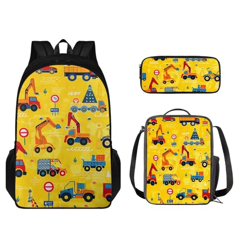 STUOARTE Kinder-Rucksack-Set, 3-teilig, Büchertaschen-Set mit Lunchtasche und Federmäppchen, leichte Schultasche für Jungen und Mädchen, LKW, Gelb, Einheitsgröße, Schulranzen-Set von STUOARTE