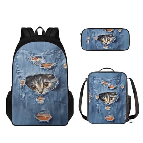 STUOARTE Kinder-Rucksack-Set, 3-teilig, Büchertaschen-Set mit Lunchtasche und Federmäppchen, leichte Schultasche für Jungen und Mädchen, Niedliche Katze, Blau, Einheitsgröße, Schulranzen-Set von STUOARTE