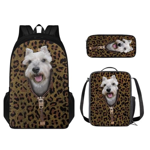 STUOARTE Kinder-Rucksack-Set, 3-teilig, Büchertaschen-Set mit Lunchtasche und Federmäppchen, leichte Schultasche für Jungen und Mädchen, Schnauzer Leopard - Braun und Weiß, Einheitsgröße, von STUOARTE