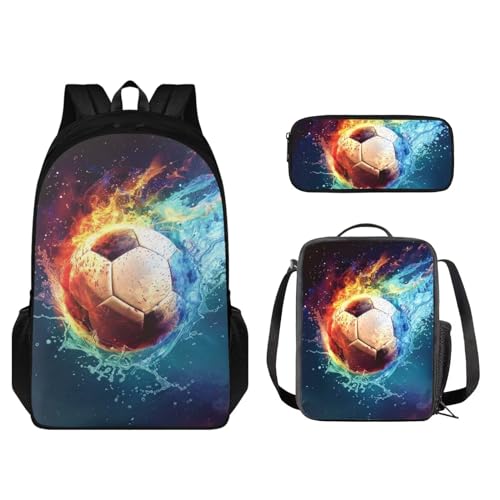 STUOARTE Kinder-Rucksack-Set, 3-teilig, Büchertaschen-Set mit Lunchtasche und Federmäppchen, leichte Schultasche für Jungen und Mädchen, Wasserfeuer-Fußball, Blau und Orange, Einheitsgröße, von STUOARTE