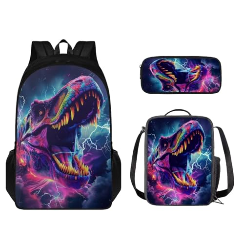 STUOARTE Kinder-Rucksack-Set, 3-teilig, große Kapazität, Schultasche, Lunchbox für Studenten, leichte Büchertasche, Federmäppchen, 3D-Dinosaurier, Blau und Violett, Einheitsgröße, Kinderrucksack von STUOARTE