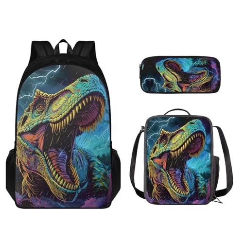 STUOARTE Kinder-Rucksack-Set, 3-teilig, große Kapazität, Schultasche, Lunchbox für Studenten, leichte Büchertasche, Federmäppchen, 3D-Dinosaurier, Bronze, Einheitsgröße, Schulranzen-Set von STUOARTE