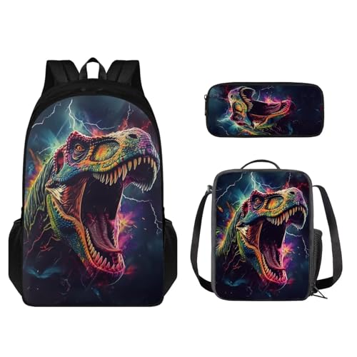 STUOARTE Kinder-Rucksack-Set, 3-teilig, große Kapazität, Schultasche, Lunchbox für Studenten, leichte Büchertasche, Federmäppchen, 3D-Dinosaurier, mehrfarbig, Einheitsgröße, Kinderrucksack von STUOARTE