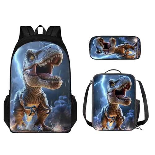 STUOARTE Kinder-Rucksack-Set, 3-teilig, große Kapazität, Schultasche, Lunchbox für Studenten, leichte Büchertasche, Federmäppchen, Dinosaurier, Blau, Einheitsgröße, Kinderrucksack von STUOARTE