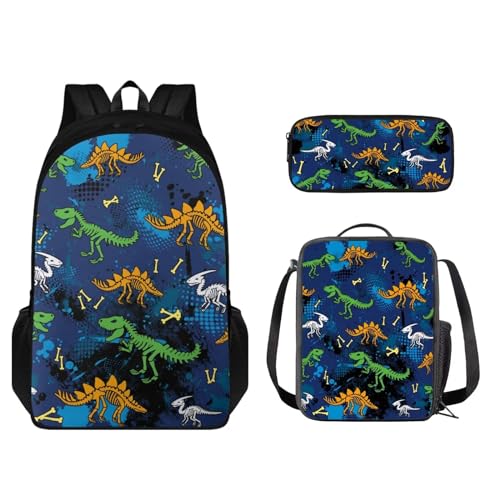 STUOARTE Kinder-Rucksack-Set, 3-teilig, große Kapazität, Schultasche, Lunchbox für Studenten, leichte Büchertasche, Federmäppchen, Dinosaurier-Knochen, Blau und Grün, Einheitsgröße, Kinderrucksack von STUOARTE