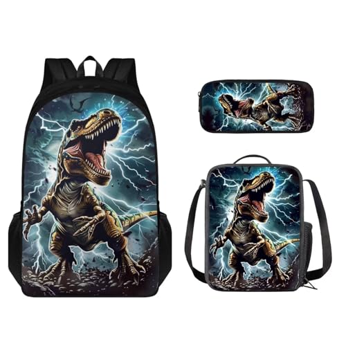 STUOARTE Kinder-Rucksack-Set, 3-teilig, große Kapazität, Schultasche, Lunchbox für Studenten, leichte Büchertasche, Federmäppchen, Lightning Dinosaurier, Blau, Einheitsgröße, Schulranzen-Set von STUOARTE