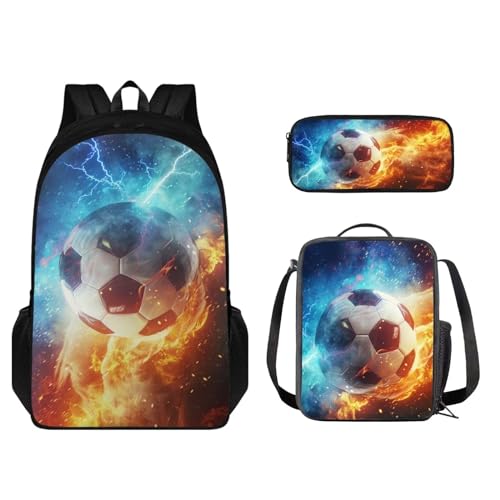 STUOARTE Kinder-Rucksack-Set, 3-teilig, große Kapazität, Schultasche, Lunchbox für Studenten, leichte Büchertasche, Federmäppchen, Lightning Fire Fußball, Orange und Blau, Einheitsgröße, von STUOARTE