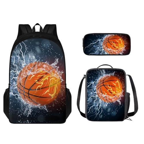 STUOARTE Kinder-Rucksack-Set, 3-teilig, große Kapazität, Schultasche, Lunchbox für Studenten, leichte Büchertasche, Federmäppchen, Lightning Wasserfeuer-Basketball, mehrfarbig, Einheitsgröße, von STUOARTE