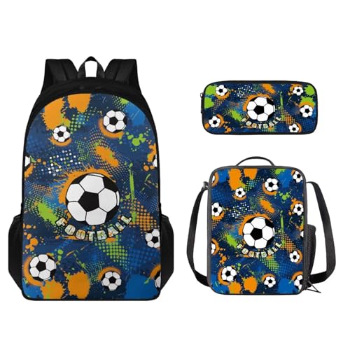 STUOARTE Kinder-Rucksack-Set, 3-teilig, große Kapazität, Schultasche, Lunchbox für Studenten, leichte Büchertasche, Federmäppchen, Tintenspritzer, Fußball, Blau und Weiß, Einheitsgröße, von STUOARTE