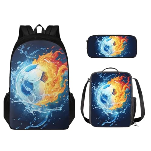 STUOARTE Kinder-Rucksack-Set, 3-teilig, große Kapazität, Schultasche, Lunchbox für Studenten, leichte Büchertasche, Federmäppchen, Wasserfeuer-Fußball, Blau und Orange, Einheitsgröße, Schulranzen-Set von STUOARTE