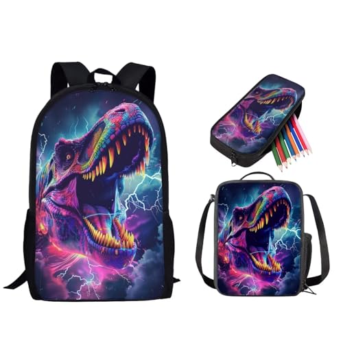 STUOARTE Kinder-Rucksack-Set, 3-teiliges Rucksack und Lunchbox-Set für Jungen und Mädchen, leichte Büchertasche mit Federmäppchen, 3D-Dinosaurier, Violett, Einheitsgröße, Reiserucksäcke von STUOARTE