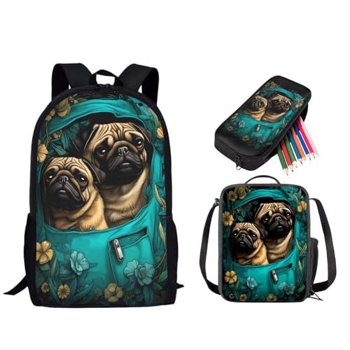 STUOARTE Kinder-Rucksack-Set, 3-teiliges Rucksack und Lunchbox-Set für Jungen und Mädchen, leichte Büchertasche mit Federmäppchen, Mopsblume, Grün und Braun, Einheitsgröße, Tagesrucksäcke von STUOARTE