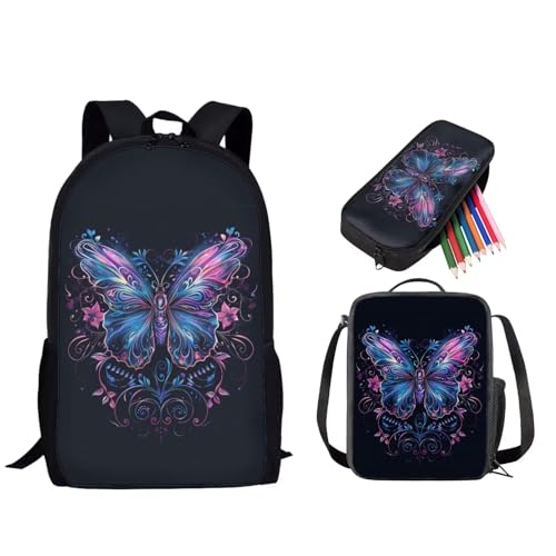 STUOARTE Kinder-Rucksack-Set, 3-teiliges Rucksack und Lunchbox-Set für Jungen und Mädchen, leichte Büchertasche mit Federmäppchen, Schmetterling, Schwarz und Violett, Einheitsgröße, Reiserucksäcke von STUOARTE