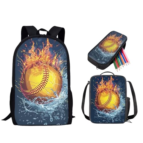 STUOARTE Kinder-Rucksack-Set, 3-teiliges Rucksack und Lunchbox-Set für Jungen und Mädchen, leichte Büchertasche mit Federmäppchen, Water Fire Softball, Blau und Orange, Einheitsgröße, Rucksack, von STUOARTE