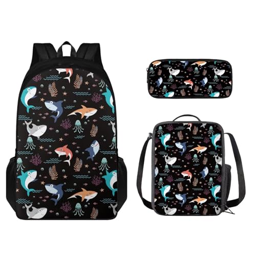 STUOARTE Kinder-Rucksack-Set, 43,2 cm, leichte Büchertasche mit Federmäppchen, Rucksack und Lunchtasche, 3-teilig, Cartoon-Hai, Schwarz, Einheitsgröße, Kinderrucksack von STUOARTE