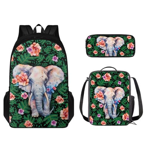 STUOARTE Kinder-Rucksack-Set, 43,2 cm, leichte Büchertasche mit Federmäppchen, Rucksack und Lunchtasche, 3-teilig, Elefantenblütenblatt, Grün, Einheitsgröße, Kinderrucksack von STUOARTE