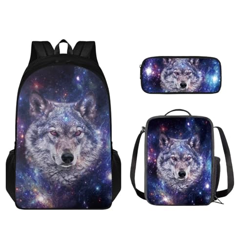 STUOARTE Kinder-Rucksack-Set, 43,2 cm, leichte Büchertasche mit Federmäppchen, Rucksack und Lunchtasche, 3-teilig, Galaxy Wolf - Blau, Einheitsgröße, Schulranzen-Set von STUOARTE