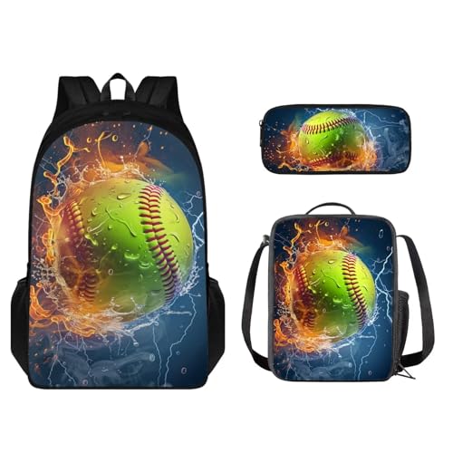 STUOARTE Kinder-Rucksack-Set, 43,2 cm, leichte Büchertasche mit Federmäppchen, Rucksack und Lunchtasche, 3-teilig, Water Fire Softball, Blau und Orange, Einheitsgröße, Schulranzen-Set von STUOARTE