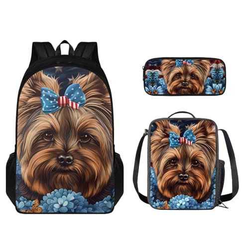 STUOARTE Kinder-Rucksack-Set, 43,2 cm, leichte Büchertasche mit Federmäppchen, Rucksack und Lunchtasche, 3-teilig, Yorkshire Terrier Blume, Braun und Blau, Einheitsgröße, Kinderrucksack von STUOARTE