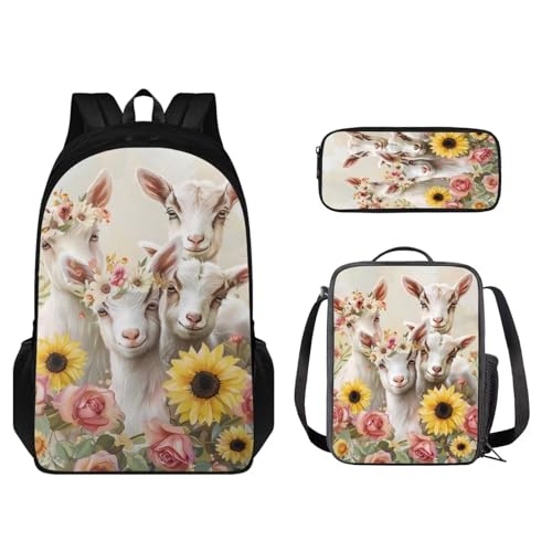 STUOARTE Kinder-Rucksack-Set, 43,2 cm, leichte Büchertasche mit Federmäppchen, Rucksack und Lunchtasche, 3-teilig, Ziegen-Sonnenblume, mehrfarbig, Einheitsgröße, Schulranzen-Set von STUOARTE