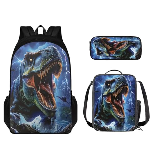 STUOARTE Kinder-Rucksack-Set, leichter Schulrucksack für Kinder, elementares Büchertaschen-Set mit Lunchbox, Federmäppchen, 3D-Dinosaurier, mehrfarbig, Einheitsgröße, Kinderrucksack von STUOARTE