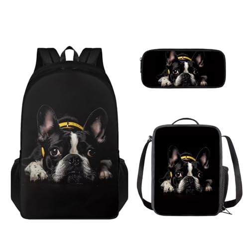 STUOARTE Kinder-Rucksack-Set, leichter Schulrucksack für Kinder, elementares Büchertaschen-Set mit Lunchbox, Federmäppchen, Boston Terrier, Schwarz, Einheitsgröße, Schulranzen-Set von STUOARTE