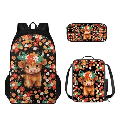 STUOARTE Kinder-Rucksack-Set, leichter Schulrucksack für Kinder, elementares Büchertaschen-Set mit Lunchbox, Federmäppchen, Cartoon-Rinderblume, mehrfarbig, Einheitsgröße, Schulranzen-Set von STUOARTE