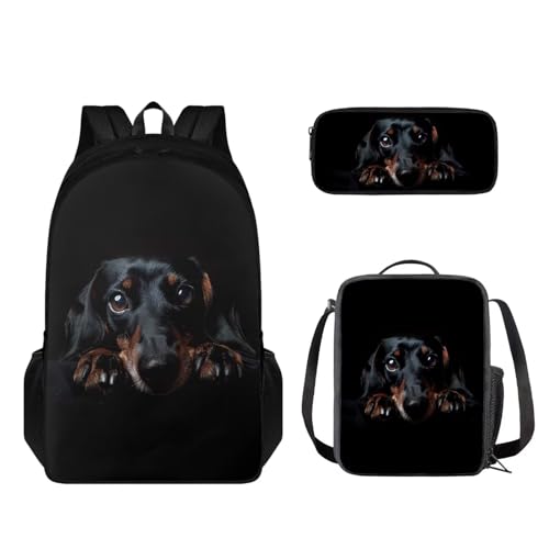 STUOARTE Kinder-Rucksack-Set, leichter Schulrucksack für Kinder, elementares Büchertaschen-Set mit Lunchbox, Federmäppchen, Dackel, Schwarz, Einheitsgröße, Kinderrucksack von STUOARTE