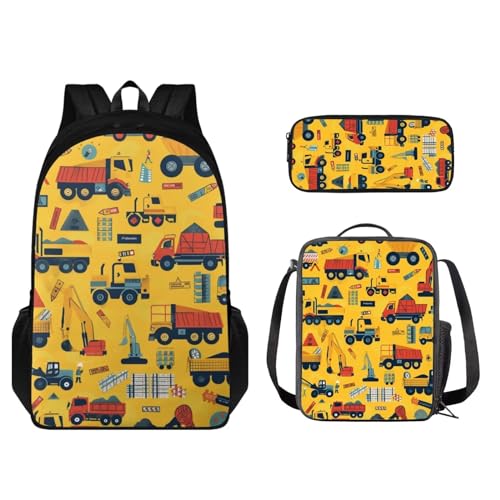 STUOARTE Kinder-Rucksack-Set, leichter Schulrucksack für Kinder, elementares Büchertaschen-Set mit Lunchbox, Federmäppchen, Fahrzeug – Gelb, Einheitsgröße, Schulranzen-Set von STUOARTE