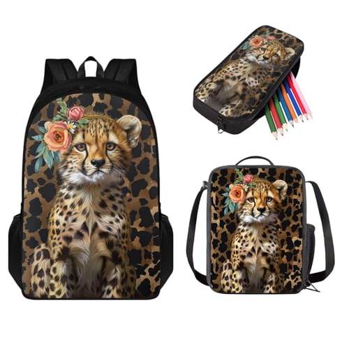 STUOARTE Kinder-Rucksack-Set, leichter Schulrucksack für Kinder, elementares Büchertaschen-Set mit Lunchbox, Federmäppchen, Leopardenblume, Braun und Schwarz, Einheitsgröße, Schulranzen-Set von STUOARTE