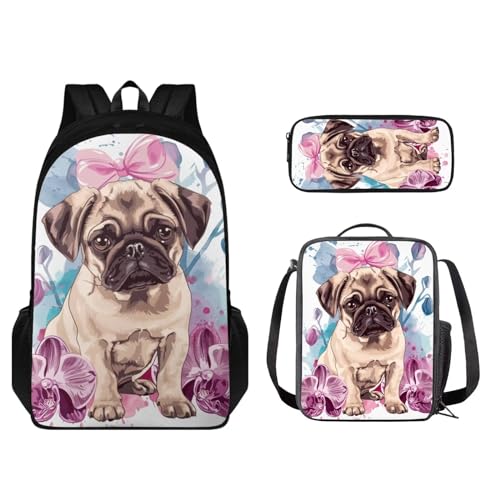 STUOARTE Kinder-Rucksack-Set, leichter Schulrucksack für Kinder, elementares Büchertaschen-Set mit Lunchbox, Federmäppchen, Mopsblume, mehrfarbig, Einheitsgröße, Schulranzen-Set von STUOARTE