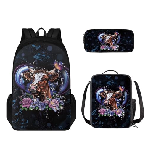 STUOARTE Kinder-Rucksack-Set, leichter Schulrucksack für Kinder, elementares Büchertaschen-Set mit Lunchbox, Federmäppchen, Rinderblume, Schmetterling, Schwarz und Violett, Einheitsgröße, von STUOARTE