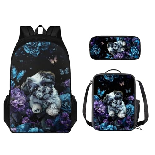 STUOARTE Kinder-Rucksack-Set, leichter Schulrucksack für Kinder, elementares Büchertaschen-Set mit Lunchbox, Federmäppchen, Shih Tzu Blume, Schwarz und Blau, Einheitsgröße, Kinderrucksack von STUOARTE