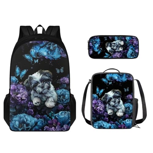 STUOARTE Kinder-Rucksack-Set, leichter Schulrucksack für Kinder, elementares Büchertaschen-Set mit Lunchbox, Federmäppchen, Shih Tzu Blumenschmetterling, Schwarz und Blau, Einheitsgröße, von STUOARTE