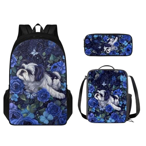 STUOARTE Kinder-Rucksack-Set, leichter Schulrucksack für Kinder, elementares Büchertaschen-Set mit Lunchbox, Federmäppchen, Shih Tzu Rose, Blau, Einheitsgröße, Schulranzen-Set von STUOARTE