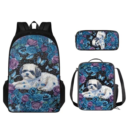 STUOARTE Kinder-Rucksack-Set, leichter Schulrucksack für Kinder, elementares Büchertaschen-Set mit Lunchbox, Federmäppchen, Shih Tzu Rose Butterfly – Blau, Einheitsgröße, Kinderrucksack von STUOARTE