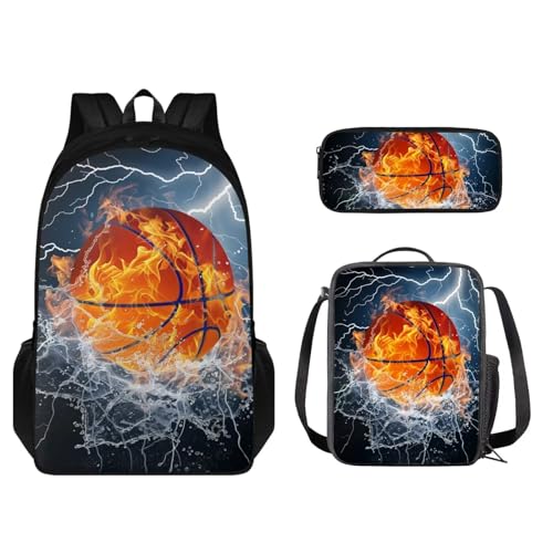 STUOARTE Kinder-Rucksack-Set, leichter Schulrucksack für Kinder, elementares Büchertaschen-Set mit Lunchbox, Federmäppchen, Wasser- und Feuer-Basketball, Blau und Orange, Einheitsgröße, von STUOARTE