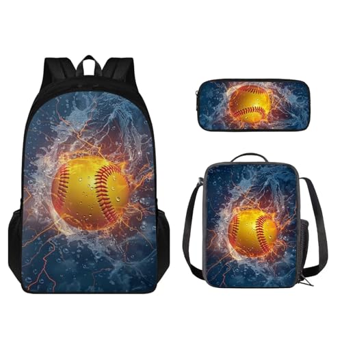 STUOARTE Kinder-Rucksack-Set, leichter Schulrucksack für Kinder, elementares Büchertaschen-Set mit Lunchbox, Federmäppchen, Water Fire Softball, Blau und Orange, Einheitsgröße, Kinderrucksack von STUOARTE