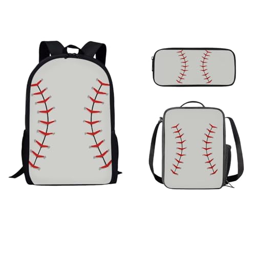 STUOARTE Kinder-Rucksack-Set mit Lunch-Tasche, Federmäppchen, leichte Schultasche für Kinder, Teenager, Jungen, 43,2 cm, Baseball – Weiß und Rot, Einheitsgröße, Tagesrucksack von STUOARTE