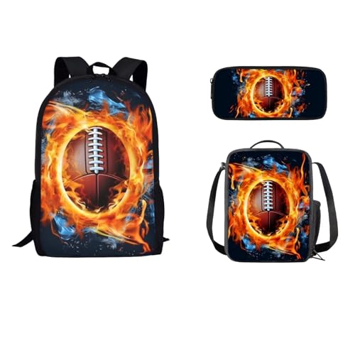 STUOARTE Kinder-Rucksack-Set mit Lunch-Tasche, Federmäppchen, leichte Schultasche für Kinder, Teenager, Jungen, 43,2 cm, Fire Rugby – Orange, Einheitsgröße, Reiserucksäcke von STUOARTE