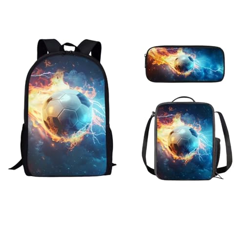 STUOARTE Kinder-Rucksack-Set mit Lunch-Tasche, Federmäppchen, leichte Schultasche für Kinder, Teenager, Jungen, 43,2 cm, Fire Soccer – Blau und Orange, Einheitsgröße, Reiserucksäcke von STUOARTE